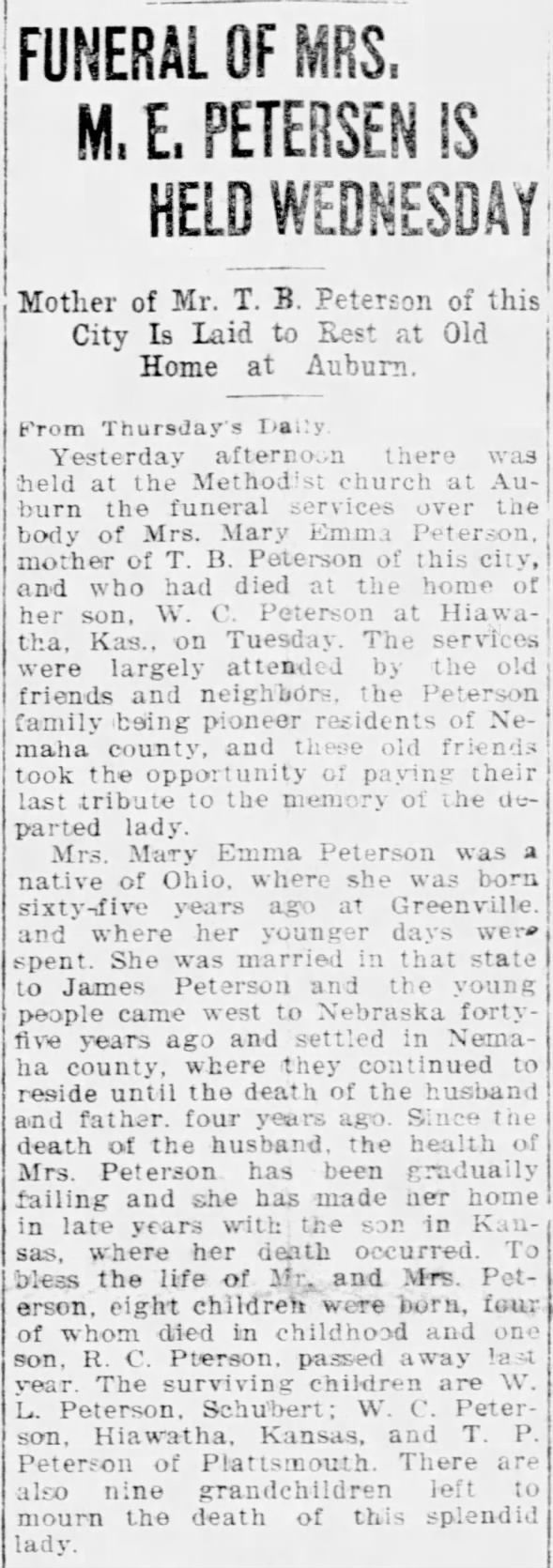 Obituary for E. FUNERALOFMRS PETERSEN